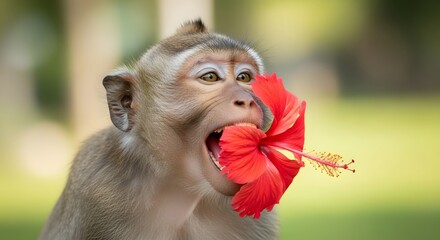 Playful monkey holding a vibrant hibiscus flower in a lush green park, showcasing nature's beauty