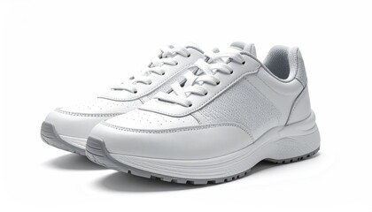 Elegant White Sneakers: A pristine pair of modern sneakers, radiating a sleek and stylish aesthetic, ready to step into comfort and fashion.