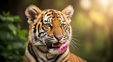 Majestic tiger holding a pink flower in its mouth, surrounded by lush greenery in a serene setting