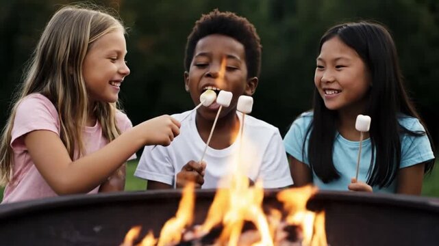 Diverse children happily roasting marshmallows over a campfire outdoors