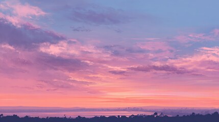 Vibrant pinks and purples fill the evening sky as the sun sets over calm waters and hills.