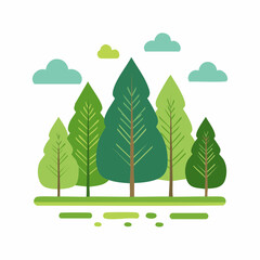 Stylized Forest Illustration with Trees, Clouds, and Greenery, Depicting Nature and Environment