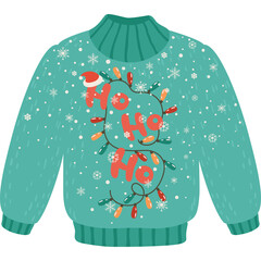 Teal Ugly Christmas Sweater With Ho Ho Ho And Colorful Lights And Snowflakes And Santa Hat Detail...
