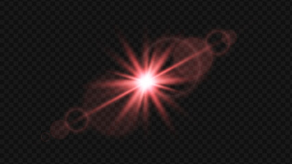 Dynamic red lens flare with star burst effect and optical rings creating a striking light on transparent background.