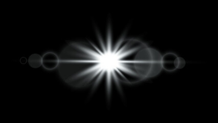 Bright sun light lens flare effect with shining ray and circles on dark background. Bright flash light effect. Glow star