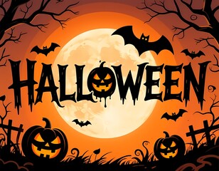 Spooky Halloween decorations fill the night sky with glowing jack-o'-lanterns, dark bats flying, and a full moon illuminating the scene. A perfect spooky atmosphere for Halloween Generative AI