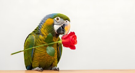Colorful parrot holding a red rose in its beak, set against a plain background showcasing beauty