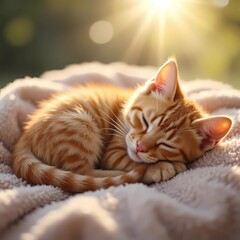 Cute orange tabby kitten sleeping on soft blanket in sunlight  