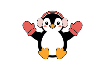 Cartoon penguin wearing earmuffs and mittens on a white background illustration