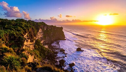 Golden Hour Coastal Embrace: The coastline is kissed by the warm embrace of the setting sun, where rugged cliffs plunge into the vast ocean. A tapestry of sky and sea.