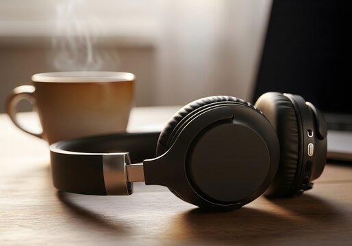 Stylish wireless headphones beside a warm cup of coffee on wooden desk.