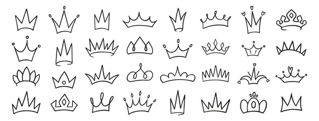 Crowns crayon icons set. King or queen crown, doodle. Hand drawn prince and princess head accessories. Black line art royal diadem, majestic tiara on white bg. Sketch of luxurious symbols, vector