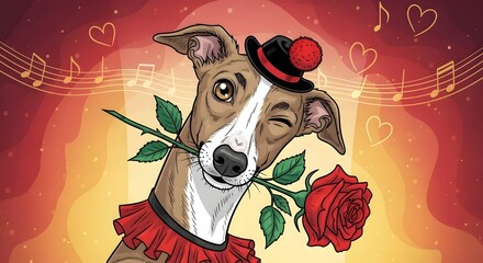 Playful greyhound wearing a clown hat and holding a rose, surrounded by musical notes and hearts