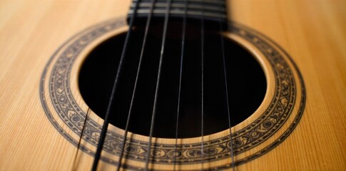 Musical instrument details close up of textures and craftsmanship, hinting at sound creation. Extreme close up macro shot of the polished wood grain and intricate metalwork of a vintage acoustic