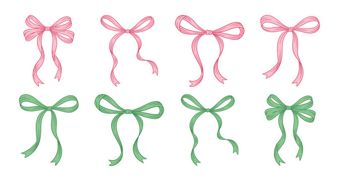 Coquette pink and green bow set. Hand drawn different vintage ribbons. Christmas, Valentine's, Birthday gift in retro style. Girly hairstyle accessories, romantic design. Vector illustration.