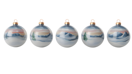 White glass Christmas ornaments with hand-painted winter mountain landscapes and golden caps, isolated on transparent background, ideal for festive designs, holiday cards, digital art, and cozy win