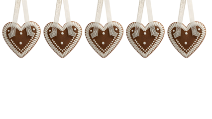 Brown gingerbread hearts with intricate white icing and lace ribbons, isolated on transparent background, ideal for Christmas, holiday, winter design, digital art, and branding.