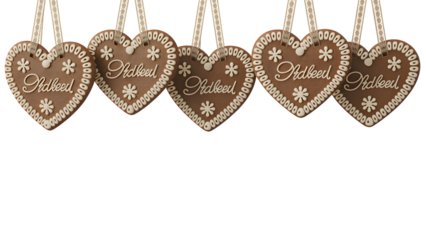 Brown gingerbread hearts with white icing patterns and 'Sadbeed' text, isolated on transparent background, hanging festive treats for Christmas designs, holiday branding, and winter craft projects.