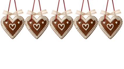 Brown gingerbread heart cookies with white icing details and lace bows, isolated on transparent background, perfect for festive designs, Christmas branding, winter scrapbooking, and holiday digital