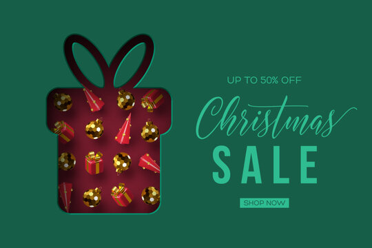 Vector Christmas sale banner with golden baubles, red gifts, and festive decorations inside a gift box shape on green background. Elegant holiday design for online store or seasonal promotion.