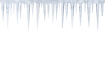 White sparkling ice icicles isolated on transparent background, realistic winter border for festive designs, Christmas cards, holiday decorations, and digital art overlays.