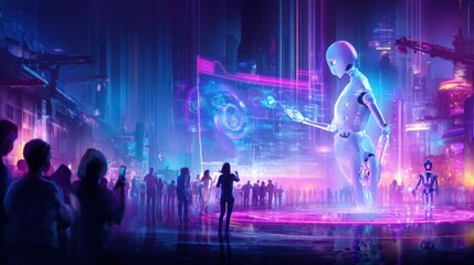 futuristic technology concept, AI robot interacting with humans, holographic interface, neon lights, modern city background, high tech atmosphere