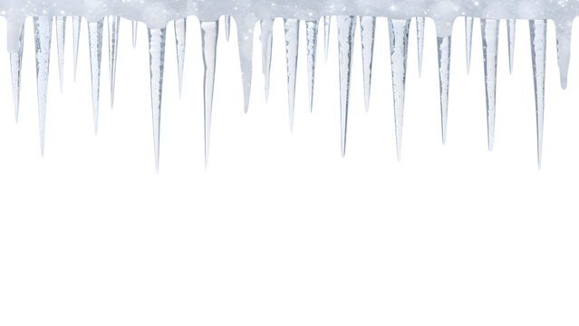 White sparkling ice icicles isolated on transparent background, realistic winter border for festive designs, Christmas cards, holiday decorations, and digital art overlays.