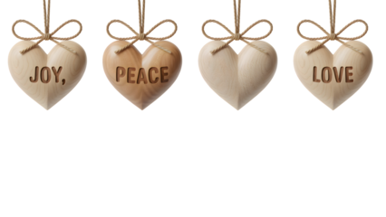 Natural wood heart ornaments with 'JOY,' 'PEACE,' 'LOVE' carved, isolated on transparent background, ideal for holiday designs, rustic decor, branding, digital art, and craft projects.