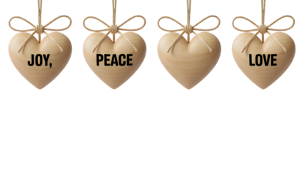 Natural wooden heart ornaments featuring 'Joy, Peace, Love' messages, isolated on transparent background. Ideal design element for holiday decor, branding, digital art, and craft projects.