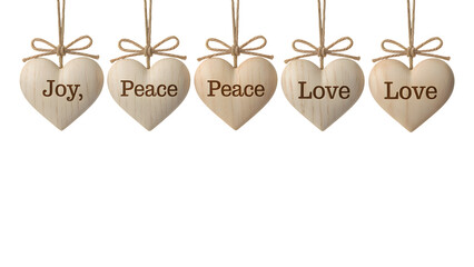 Light wood heart ornaments with "Joy, Peace, Love" engraved, hanging by twine bows on transparent background, rustic and cozy, ideal for Christmas, holiday, winter designs, and digital art.
