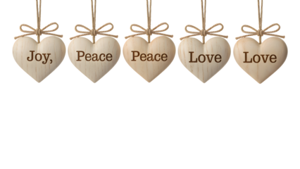 Light wood heart ornaments with "Joy, Peace, Love" engraved, hanging by twine bows on transparent background, rustic and cozy, ideal for Christmas, holiday, winter designs, and digital art.
