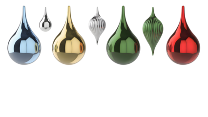 Colorful metallic Christmas ornaments in polished teardrop and icicle shapes, isolated on transparent background, ideal for festive designs, holiday decoration, branding, digital art, and clipart p