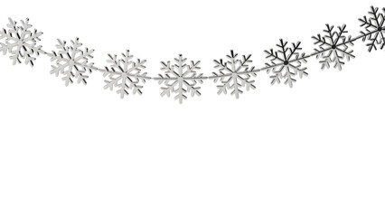 Silver metallic snowflake garland isolated on transparent background, shimmering winter decor element, ideal for Christmas designs, holiday branding, digital art, and festive projects.