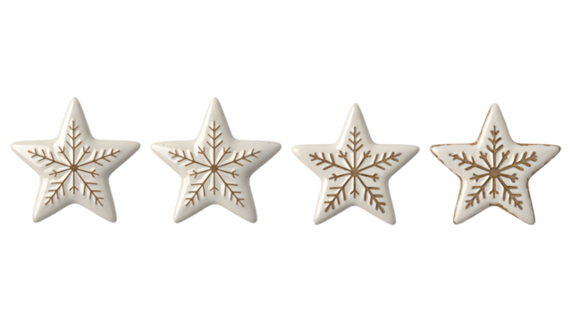 Cream ceramic stars with rustic snowflake pattern, isolated transparent PNG, ideal for Christmas design elements, winter branding, festive digital art, labels, and scrapbooking.
