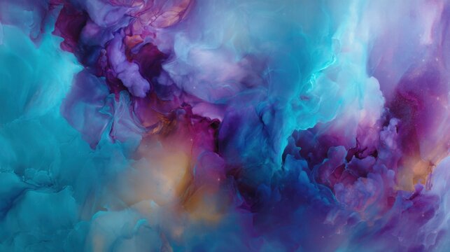 galaxy inspired paint in liquid, luminous swirling clouds of turquoise, violet, magenta and amber, abstract cosmic mist, fluid motion, dreamy space