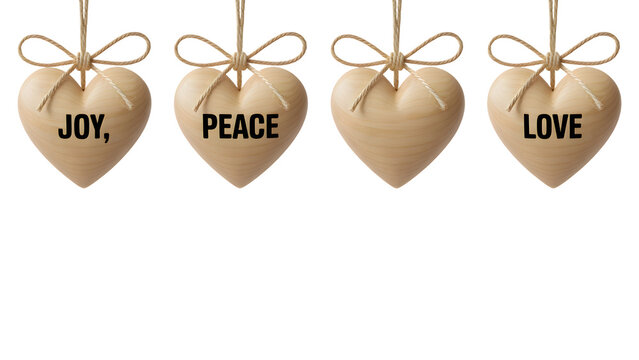Natural wooden heart ornaments featuring 'Joy, Peace, Love' messages, isolated on transparent background. Ideal design element for holiday decor, branding, digital art, and craft projects.