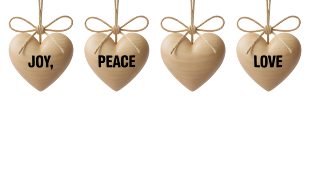Natural wooden heart ornaments featuring 'Joy, Peace, Love' messages, isolated on transparent background. Ideal design element for holiday decor, branding, digital art, and craft projects.