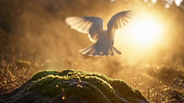 white dove taking off at sunrise golden light