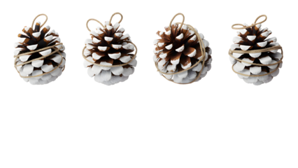 White-tipped brown pinecone ornaments wrapped in twine isolated on transparent background, rustic and cozy, ideal for Christmas cards, holiday designs, winter decor, and seasonal branding.