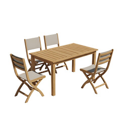 Teak outdoor dining set with four chairs on black background