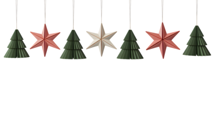 Green paper trees and pink/white stars isolated on transparent background, folded origami-style Christmas decor, ideal for holiday designs, digital art, branding, and craft projects.