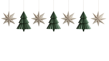Cream and green paper Christmas stars and accordion trees isolated on transparent background, elegant 3D PNG for holiday designs, branding, festive decor, and digital art.