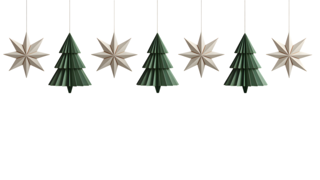 Cream and green paper Christmas stars and accordion trees isolated on transparent background, elegant 3D PNG for holiday designs, branding, festive decor, and digital art.