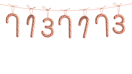 Red and white striped candy cane numbers '2023' isolated on transparent background, hanging festively, ideal for New Year's Eve designs, holiday branding, digital art, and seasonal craft projects.