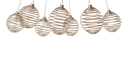 Golden champagne metallic spiral ornaments isolated on transparent background, elegant 3D decorative elements, ideal for Christmas designs, festive branding, and holiday digital art.