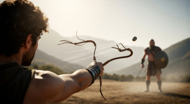 David fighting Goliath with a sling and stone in a biblical battle. The legendary duel from an over the shoulder perspective showing courage and faith