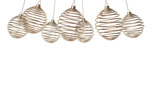 Golden champagne metallic spiral ornaments isolated on transparent background, elegant 3D decorative elements, ideal for Christmas designs, festive branding, and holiday digital art.