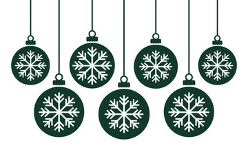 Illustration of seven green christmas ornaments with snowflake patterns hanging