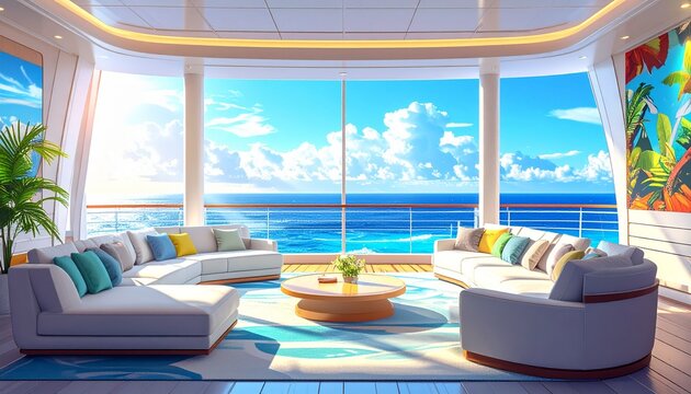 Luxurious Cruise Ship Lounge with Panoramic Ocean Views and Tropical Art - Powered by Adobe