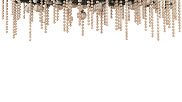 Elegant champagne pearl and bauble garland isolated on transparent background, creating a luxurious festive border overlay, ideal for Christmas designs, holiday branding, and winter aesthetics.